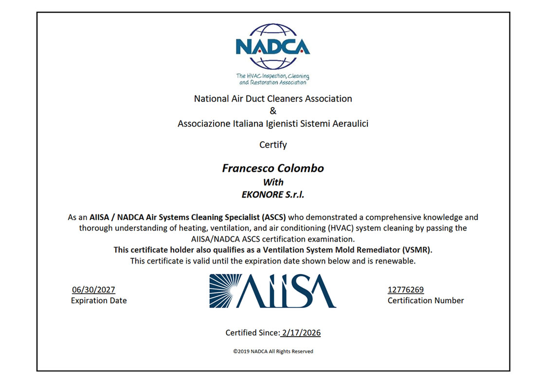 Attestato NADCA Certificazione Ekonore Airbio La Bio Disinfestazione Attestato NADCA Certificazione Ekonore Airbio La Bio Disinfestazione